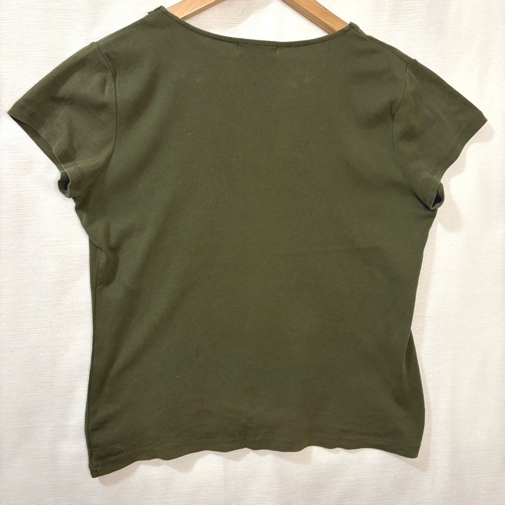 Chaps Denim Top Women XL Olive Green Crochet Lace Split Neck Cotton Boho Casual - Picture 4 of 8